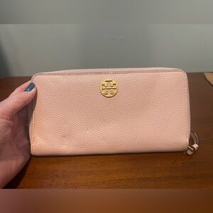Tory Burch shell pink pebble leather Everly zip around wallet